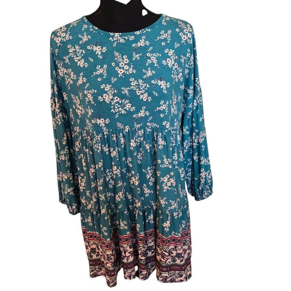 Womens Floral Long Sleeve Babydoll Tiered Mini Dress Turquoise White Large